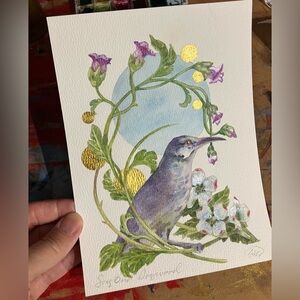 Original painting bird blossoms art nouveau surreal gold accents garden -Ettina